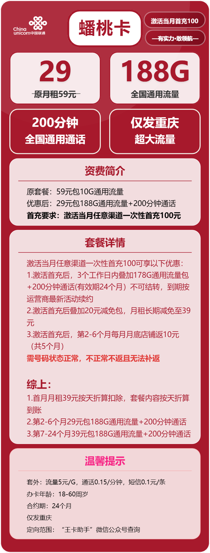 联通蟠桃卡29元月包188G通用流量+200分钟通话（长期套餐，仅发重庆市内）