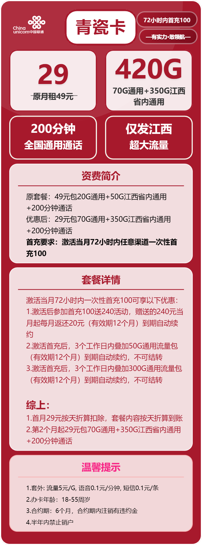 联通青瓷卡29元月包70G通用流量+350G江西通用流量+200分钟通话(长期套餐,仅发江西省内)