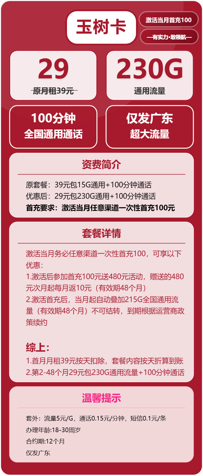 联通玉树卡29元月包230G通用流量+100分钟通话（4年套餐，仅发广东省内）