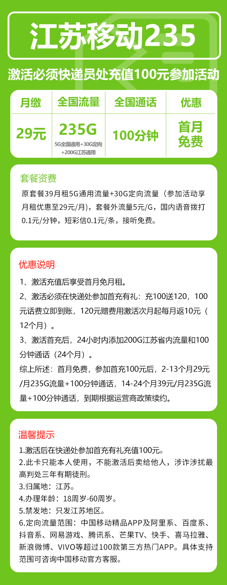 移动江苏235卡29元月包205G通用流量+30G定向流量+100分钟通话（第14个月起39元月租，仅发江苏省内，可选号）