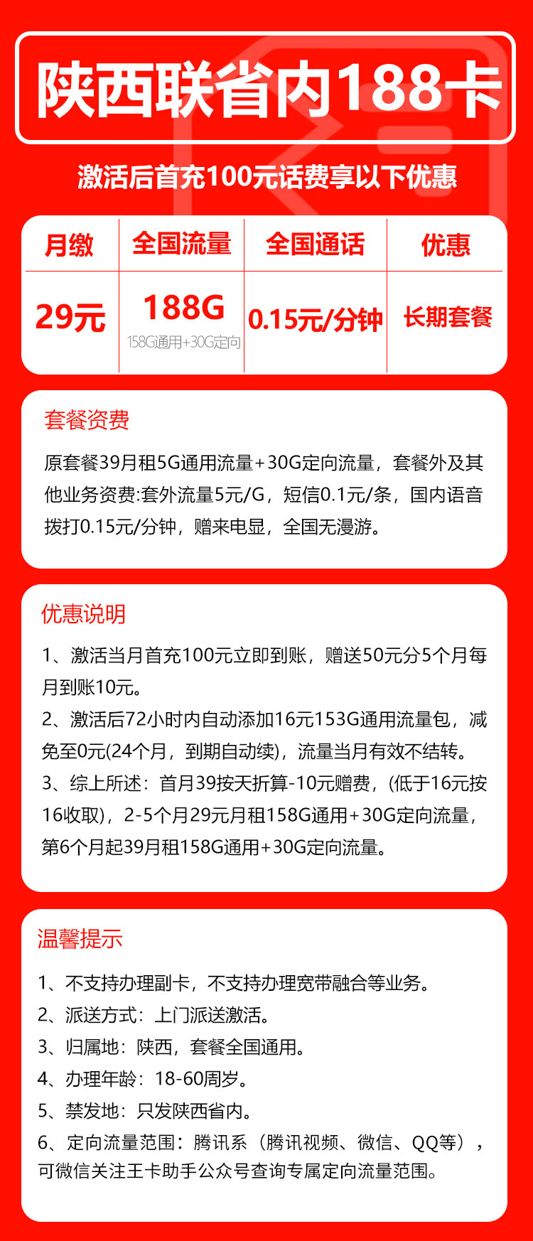 联通陕西省内188卡①29元月包158G通用流量+30G定向流量+通话0.15元/分钟（长期套餐，仅发陕西省内，可选号）