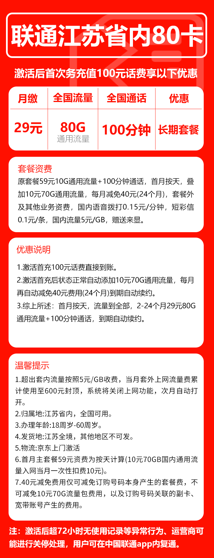 联通江苏省内80卡29元月包80G通用流量+100分钟通话（长期套餐，仅发江苏省内，可选号）
