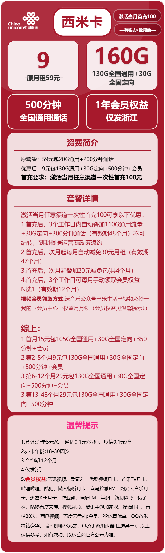 联通西米卡9元月包130G通用流量+30G定向流量+500分钟通话+会员(第6个月起29元月租,第13个月起29元月租,4年套餐,送1年视频会员,仅发浙江省内)