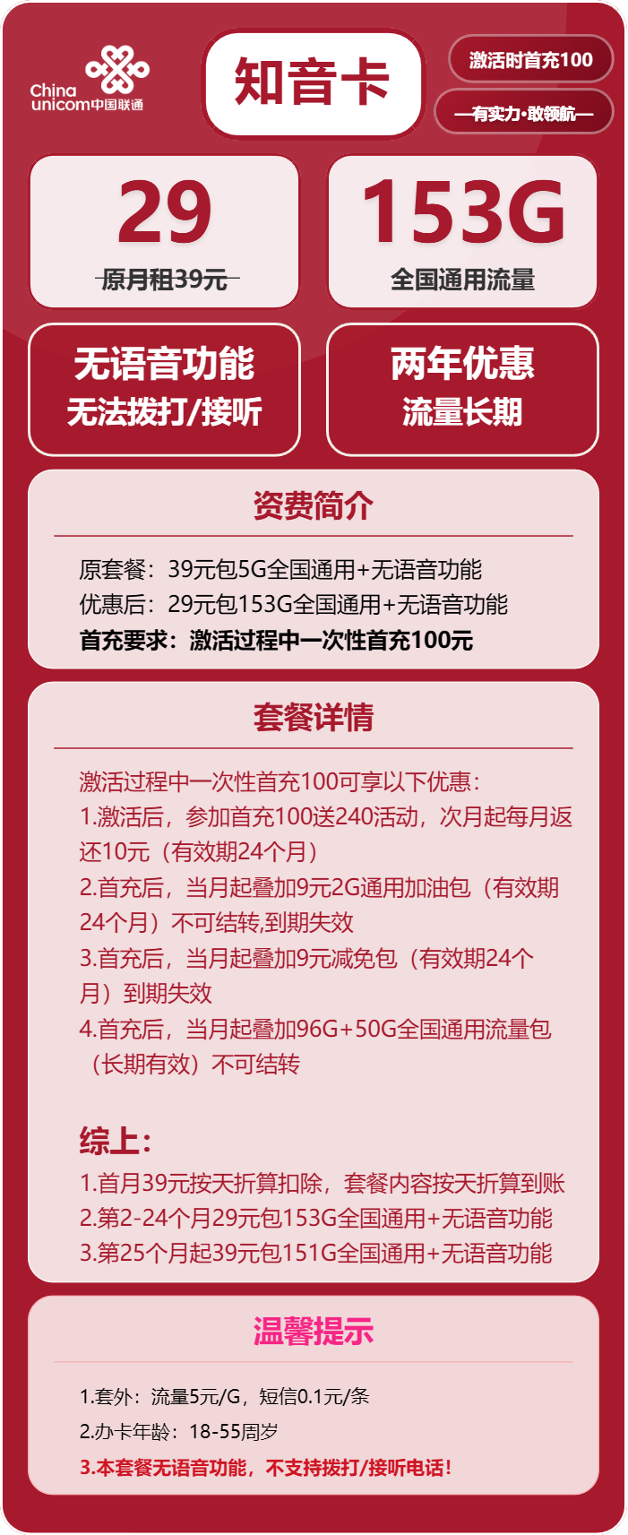 联通知音卡29元月包153G通用流量+无语音功能(第25个月起39元月租,长期套餐)