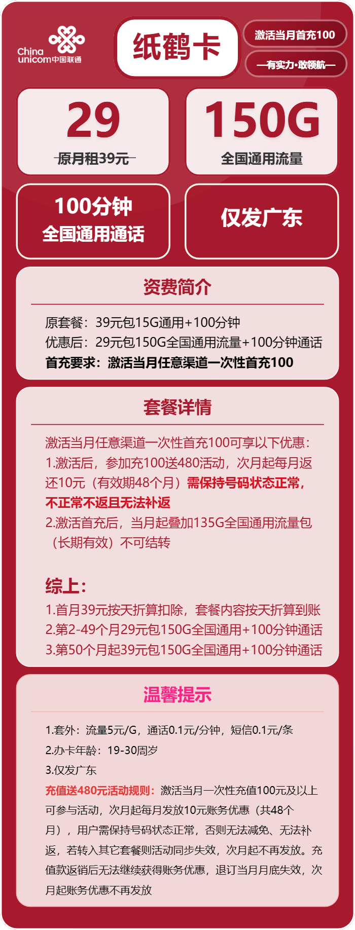联通纸鹤卡29元月包150G通用流量+100分钟通话（第50个月起39元月租，长期套餐，发广东省内）