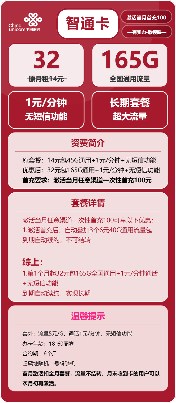 联通智通卡32元月包165G通用流量+通话1元/分钟(长期套餐)
