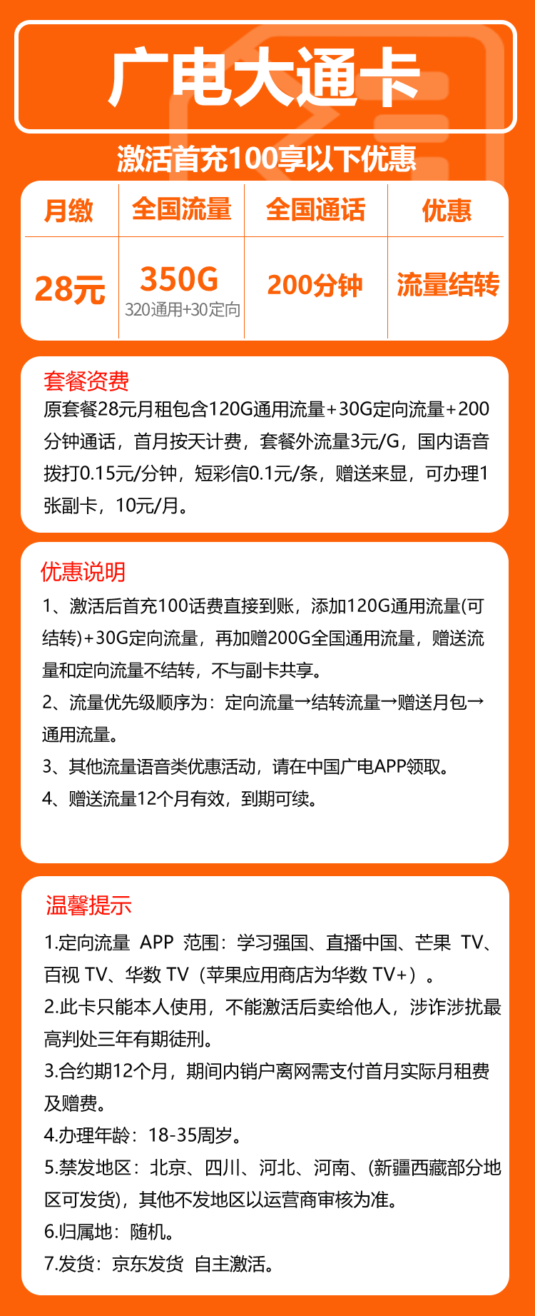 广电大通卡①28元月包320G通用流量+30G定向流量+200分钟通话（长期套餐）