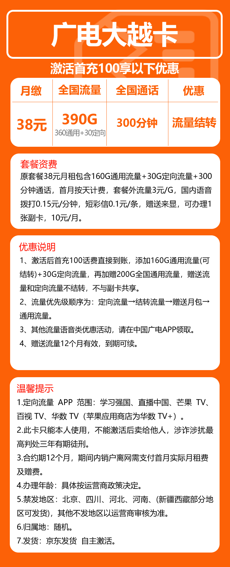广电大越卡②38元月包360G通用流量+30G定向流量+300分钟通话（长期套餐）