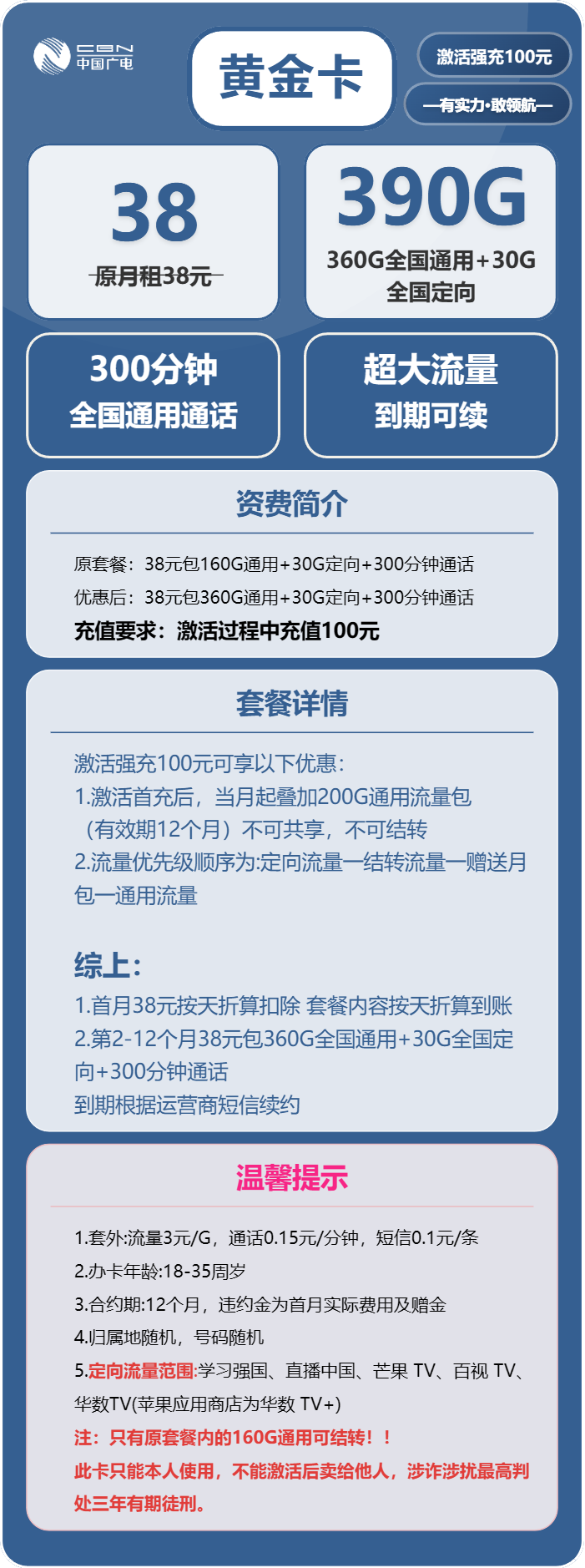 广电黄金卡38元月包360G通用流量+30G定向流量+300分钟通话（长期套餐，流量可结转）
