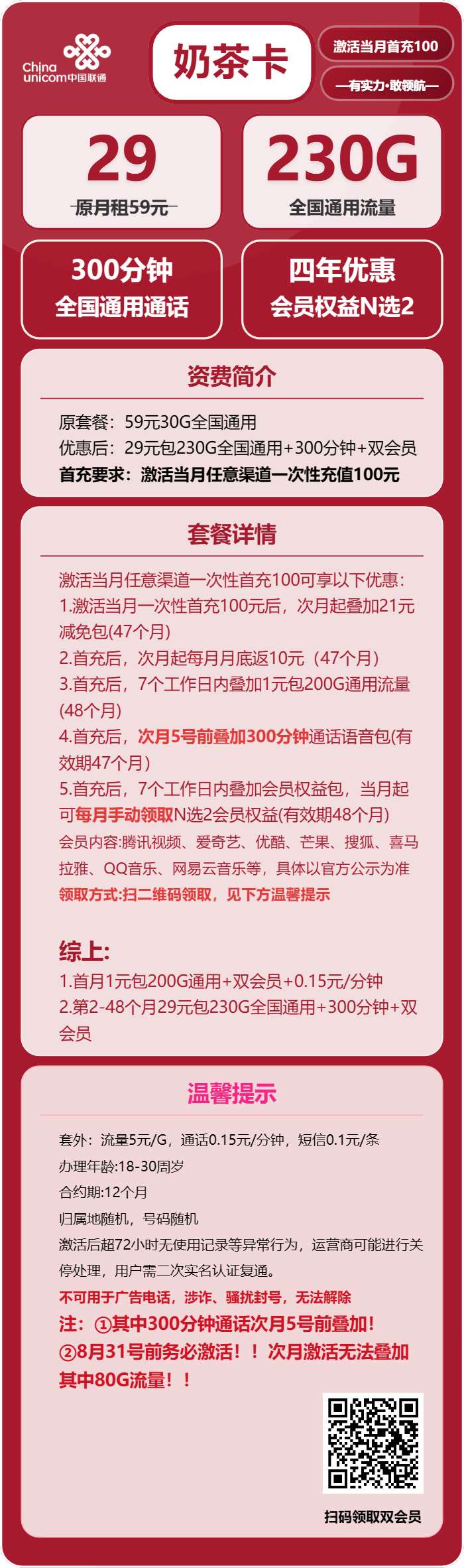 联通奶茶卡29元月包230G通用流量+300分钟通话+双会员(4年套餐,送4年双视频会员)