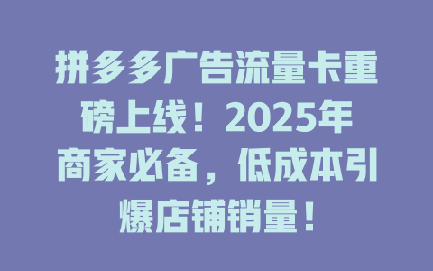 拼多多广告流量卡重磅上线！2025年商家必备，低成本引爆店铺销量！