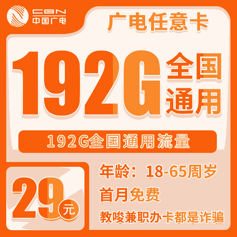 广电任意卡29元月包192G通用流量+无语音功能（长期套餐）