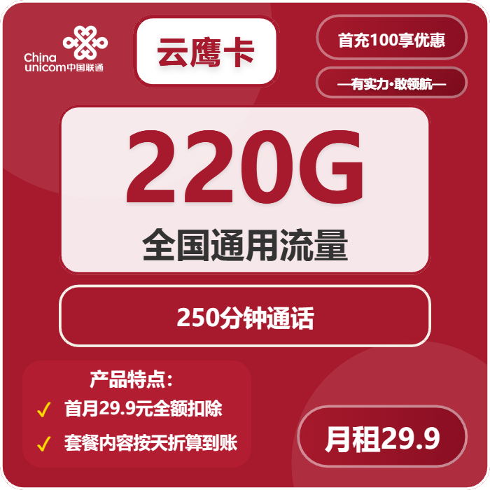 联通云鹰卡29.9元月包220G通用流量+250分钟通话+会员（长期套餐，送长期视频视频，需提供公安码）