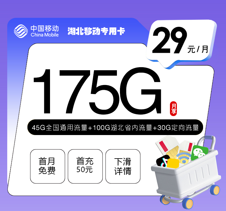 移动湖北专用卡29元月包45G通用流量+100G湖北通用流量+30G定向流量+通话0.1元/分钟（仅发湖北省内，可选号）