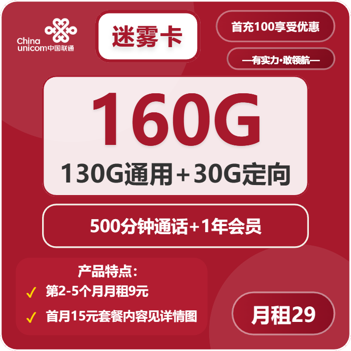 联通迷雾卡29元月包130G通用流量+30G定向流量+500分钟通话+会员（第2-5个月9元月租，4年套餐，送1年视频会员）