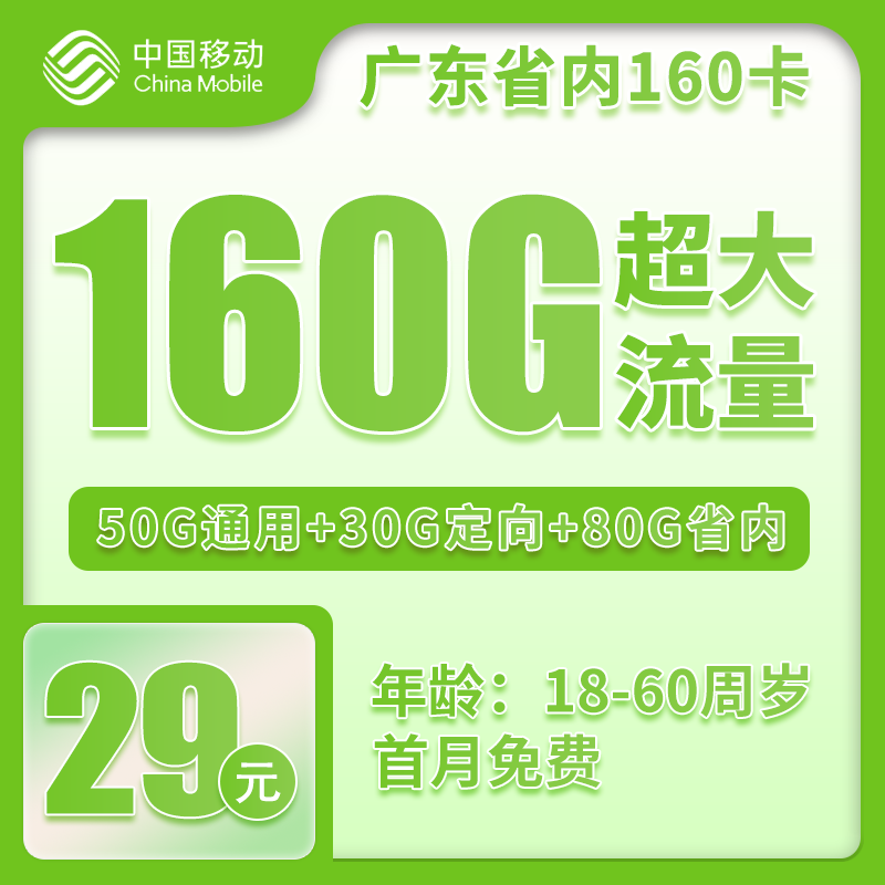 移动广东省内160卡①39元月包130G通用流量+30G定向流量+通话0.19元/分钟（2年套餐，仅发广东省内）