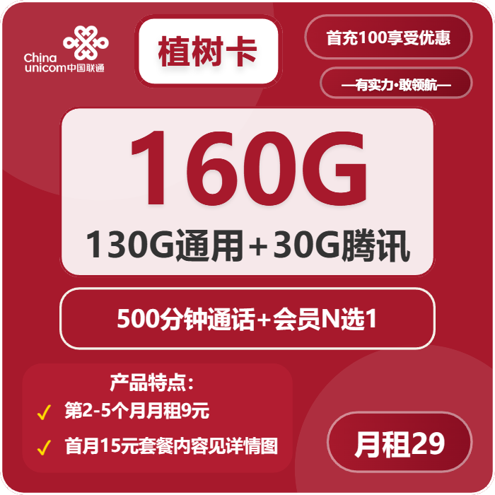 联通植树卡29元月包130G通用流量+30G定向流量+500分钟通话+会员（2-5个月9元元月租，4年套餐，送4年视频会员，仅发浙江省内）