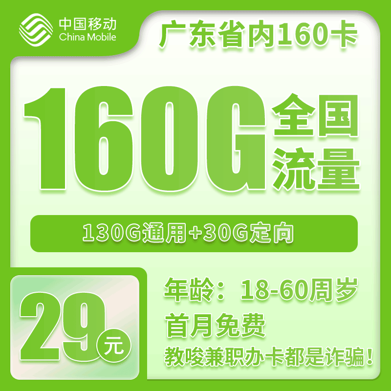 移动广东省内160卡③29元月包130G通用流量+30G定向流量+通话0.19元/分钟（2年套餐，收货地为归属地，仅发广东省内，可选号）