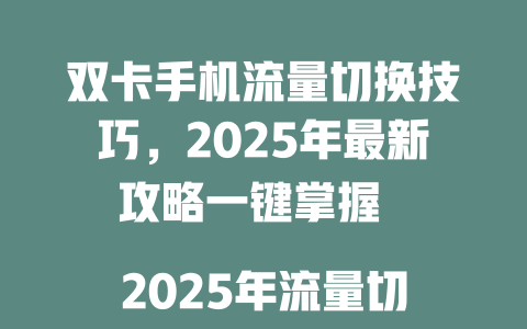 双卡手机流量切换技巧，2025年最新攻略一键掌握  

2025年流量切换双卡全攻略，省心又省钱  

流量切换双卡终极指南，2025年这样用最划算  

双卡流量切换黑科技，2025年这样操作快10倍  

2025年双卡流量切换秘籍，一学就会超简单