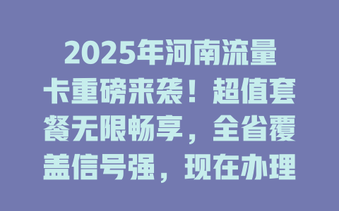 2025年河南流量卡重磅来袭！超值套餐无限畅享，全省覆盖信号强，现在办理立享优惠！