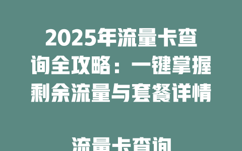 2025年流量卡查询全攻略：一键掌握剩余流量与套餐详情  

流量卡查询终极指南：轻松查余额、套餐、有效期  

手把手教你查流量卡：3秒搞定余额、套餐、使用记录  

2025最新！