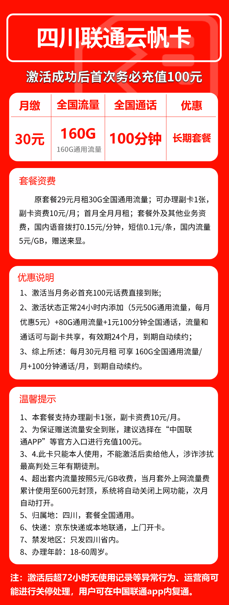 联通四川云帆卡30元月包160G通用流量+100分钟通话(长期套餐,仅发四川省内)