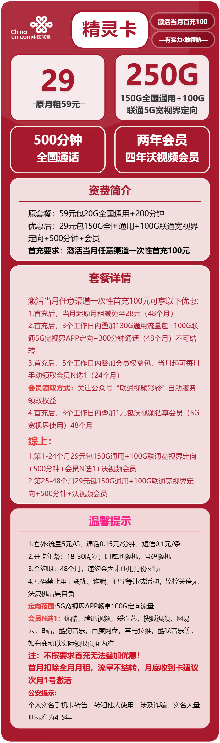 联通精灵卡29元月包150G通用流量+100G定向流量+500分钟通话+会员（4年套餐，送2年视频会员）