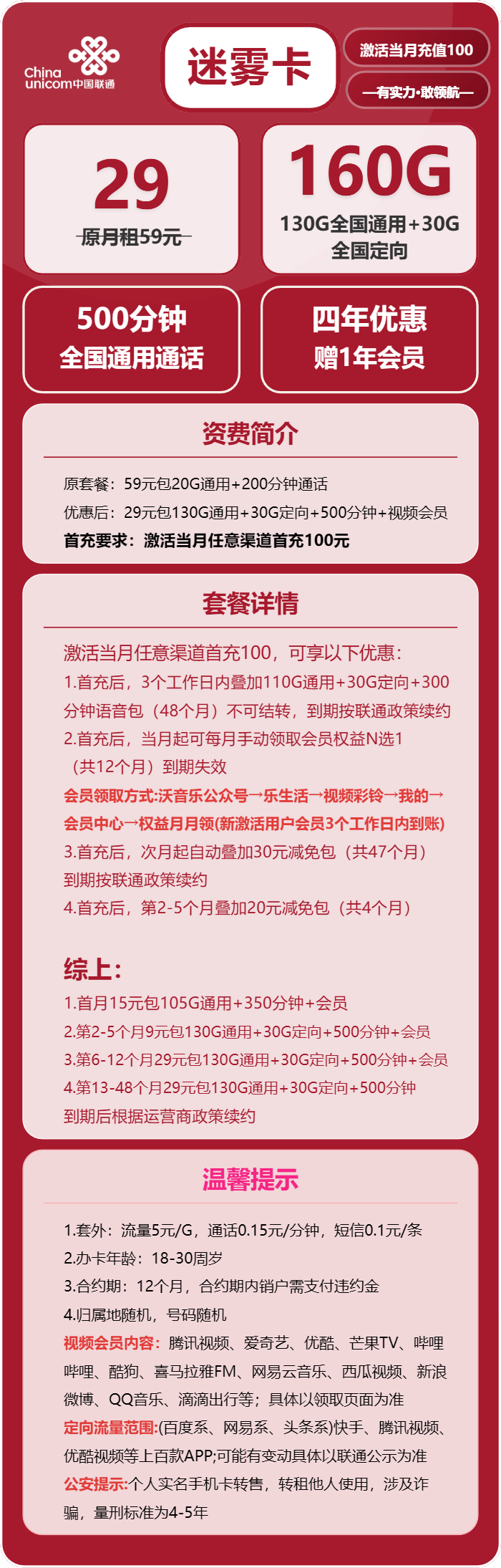 联通迷雾卡29元月包130G通用流量+30G定向流量+500分钟通话+会员(第2-5个月9元月租,4年套餐,送1年视频会员)