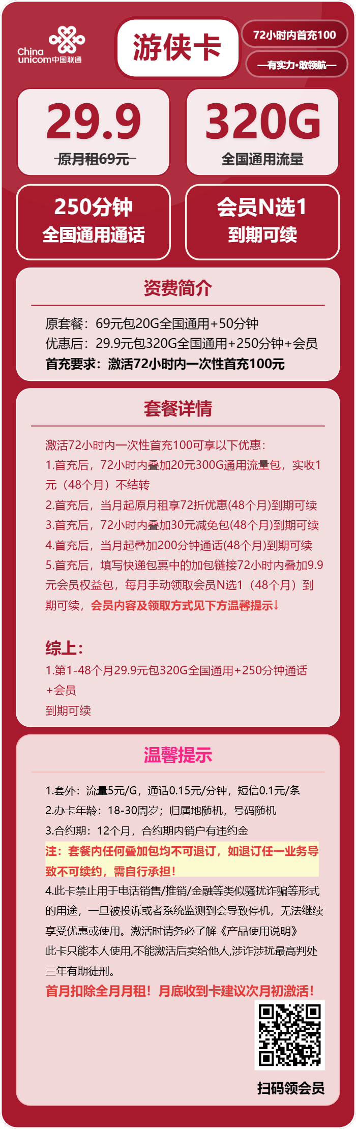 联通游侠卡29.9元月包320G通用流量+250分钟通话+会员(长期套餐,送长期视频会员,需提供公安码)