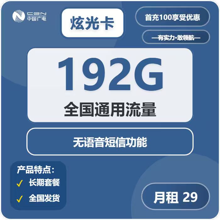 广电炫光卡29元月包192G通用流量+无语音功能（长期套餐）