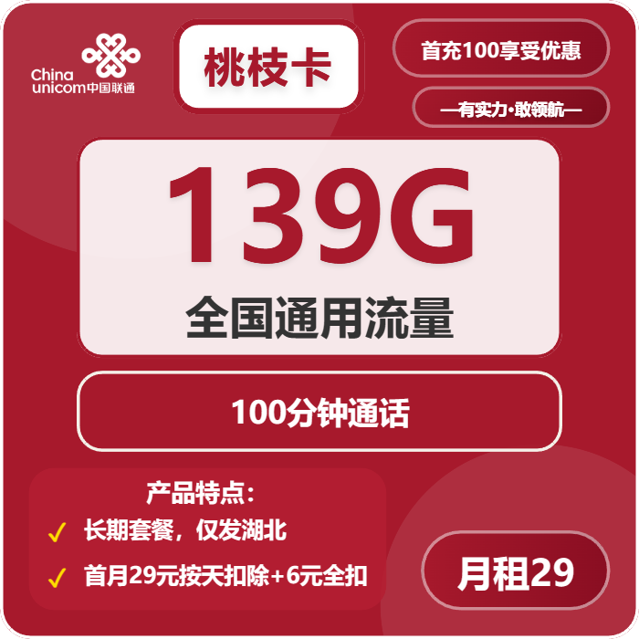 联通桃枝卡29元月包139G通用流量+100分钟通话（长期套餐，仅发湖北省内，可选号）
