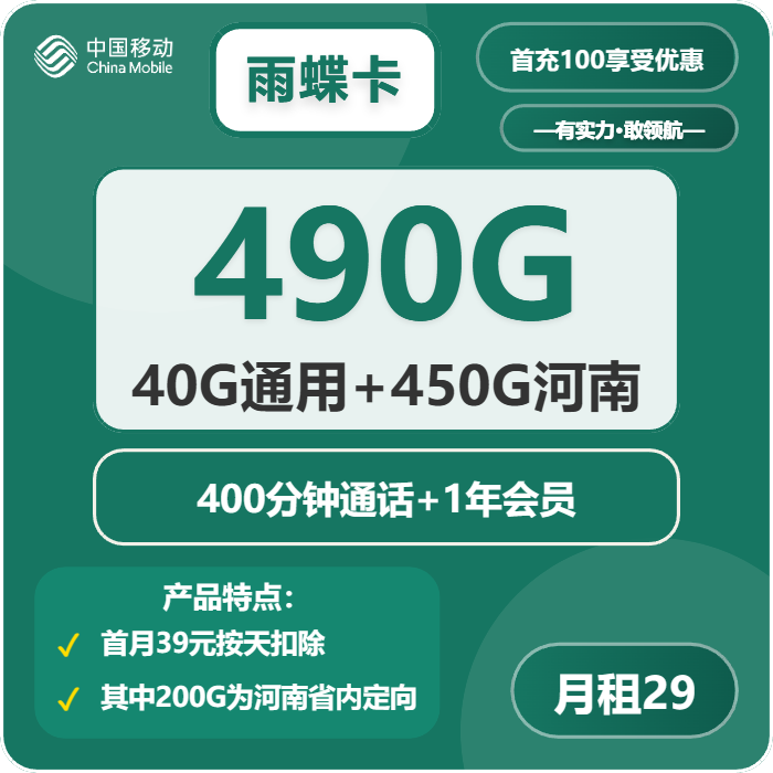 移动雨蝶卡29元月包40G通用流量+250G河南通用流量+200G河南定向流量+400分钟通话+会员（4年套餐，送1年视频会员，仅发河南省内）