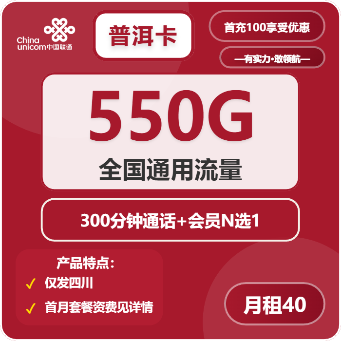 联通普洱卡40元月包550G通用流量+300分钟通话+会员（4年套餐，送4年视频会员，仅发四川省内）