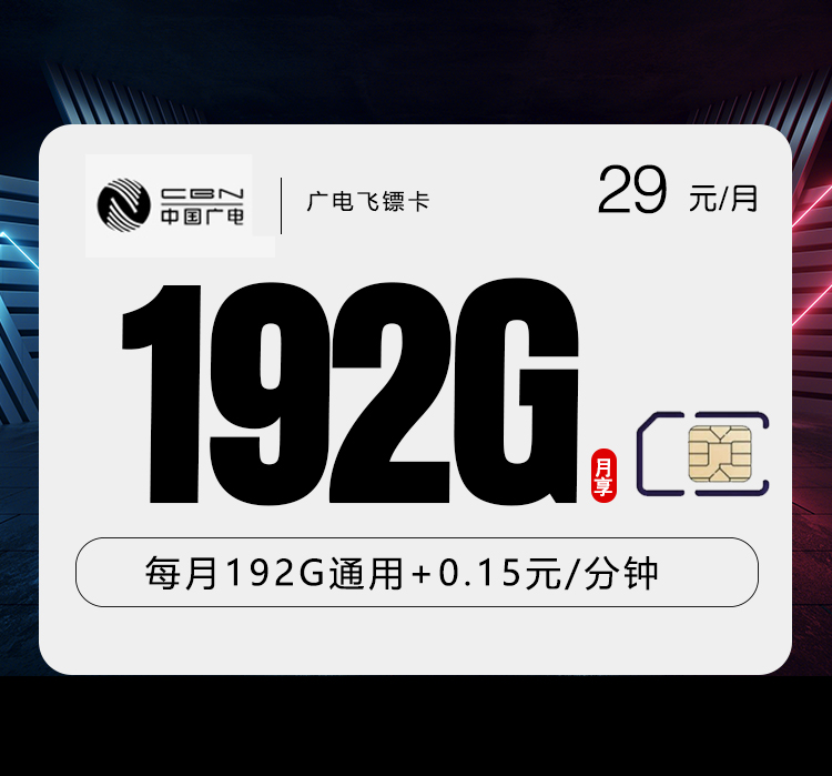 广电飞镖卡29元月包192G通用流量+通话0.15元/分钟（长期套餐，流量可结转，收货地为归属地）