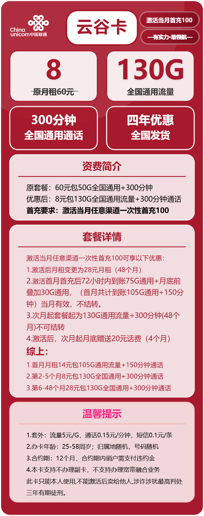 联通云谷卡8元月包130G通用流量+300分钟通话（第6个月起28元月租，4年套餐）