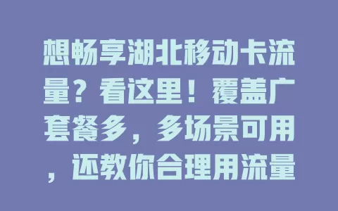 想畅享湖北移动卡流量？看这里！覆盖广套餐多，多场景可用，还教你合理用流量，超实用！