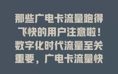 那些广电卡流量跑得飞快的用户注意啦！数字化时代流量至关重要，广电卡流量快有多种原因，用户和运营商需共同努力，采取措施解决，畅享数字化便利！