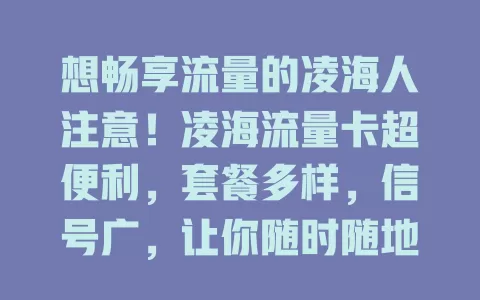 想畅享流量的凌海人注意！凌海流量卡超便利，套餐多样，信号广，让你随时随地尽情上网，开启优质网络之旅