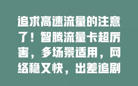追求高速流量的注意了！智腾流量卡超厉害，多场景适用，网络稳又快，出差追剧都好用