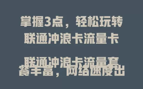 掌握3点，轻松玩转联通冲浪卡流量卡

联通冲浪卡流量套餐丰富，网络速度出色，使用范围广，能满足不同用户需求，提供便捷高效网络体验，是值得信赖的流量卡选择
