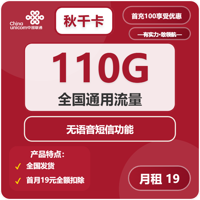联通秋千卡19元月包110G通用流量+无语音功能（2年套餐）