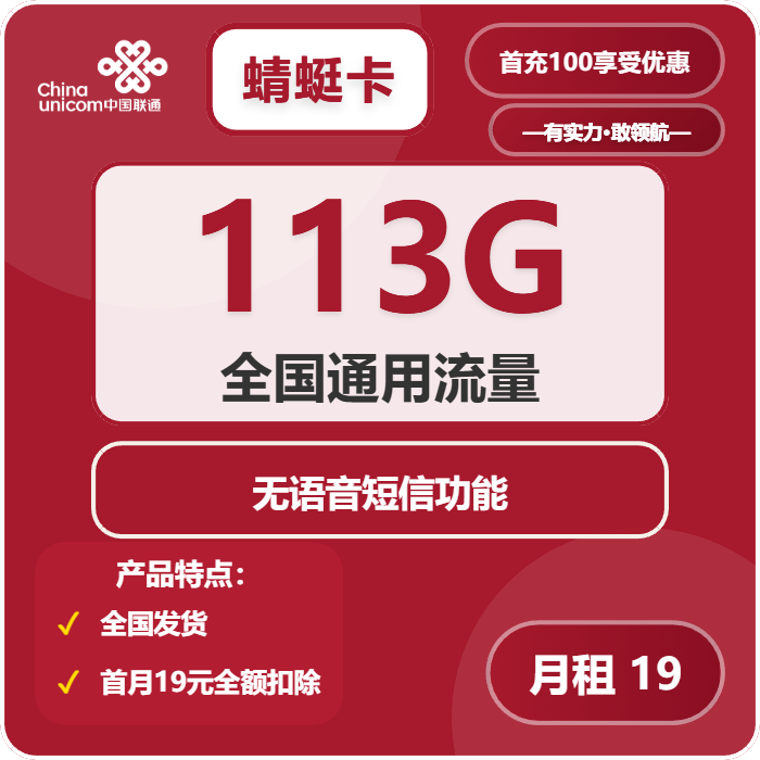 联通蜻蜓卡19元月包113G通用流量+无语音功能（2年套餐）