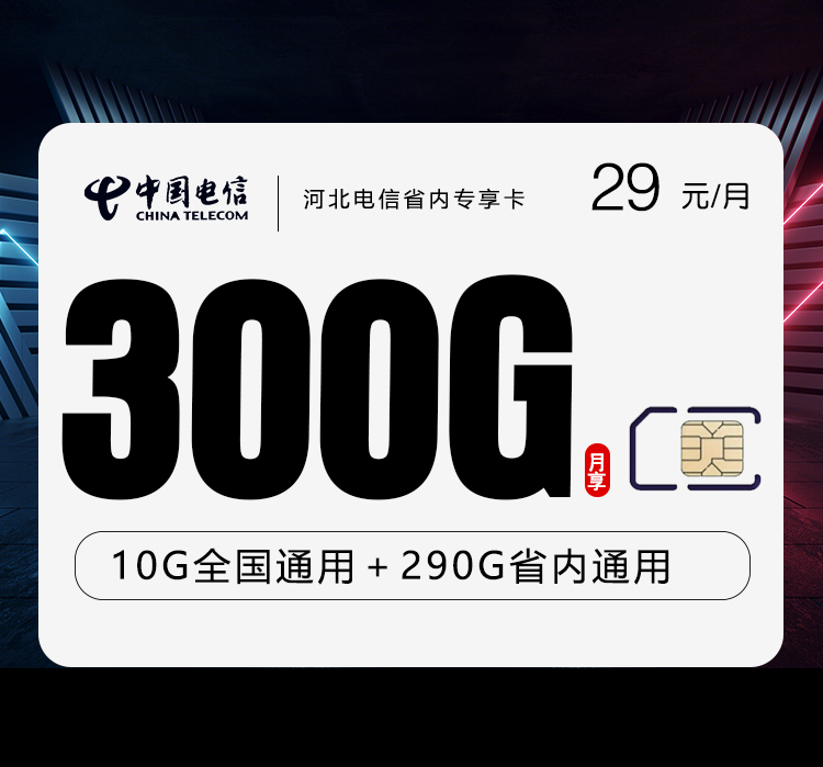 电信河北省内专享卡29元月包10G通用流量+290G河北通用流量+无语言功能（长期套餐，仅发河北省内）