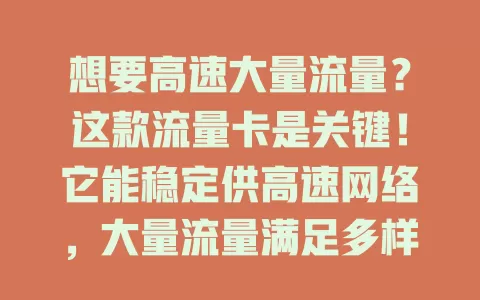 想要高速大量流量？这款流量卡是关键！它能稳定供高速网络，大量流量满足多样需求，商务、娱乐皆无忧，助你畅享便捷高效网络生活
