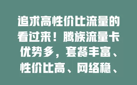 追求高性价比流量的看过来！腾族流量卡优势多，套餐丰富、性价比高、网络稳、办理简，还有好服务，别再为流量烦，选它畅享便捷实惠！
