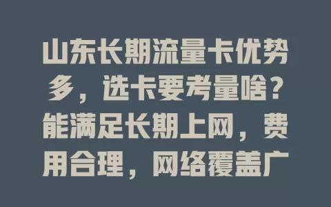 山东长期流量卡优势多，选卡要考量啥？能满足长期上网，费用合理，网络覆盖广。选时关注流量、服务及网络质量，助你畅享优质网络生活
