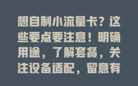 想自制小流量卡？这些要点要注意！明确用途，了解套餐，关注设备适配，留意有效期与充值方式，综合考量制作适合自己的小流量卡，让流量使用更高效便捷