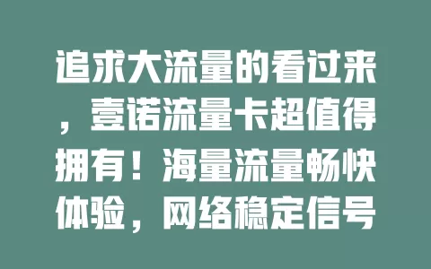 追求大流量的看过来，壹诺流量卡超值得拥有！海量流量畅快体验，网络稳定信号好，价格实惠性价比高，给你网络生活全新精彩