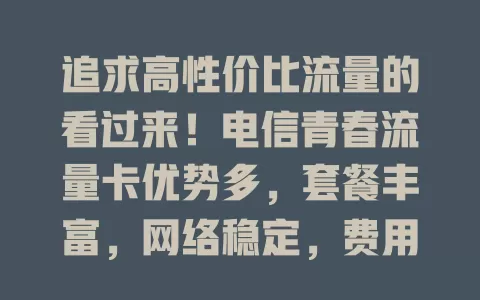 追求高性价比流量的看过来！电信青春流量卡优势多，套餐丰富，网络稳定，费用划算，对年轻人超有吸引力，能解决流量烦恼，快来看看！