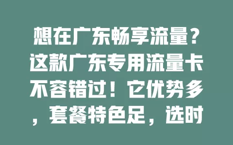 想在广东畅享流量？这款广东专用流量卡不容错过！它优势多，套餐特色足，选时综合考量需求、价格等，助你在广东畅快享网络生活